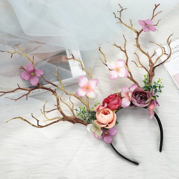 Elf Ears with Antlers Headband Pink Fairy Crown for Costume Cosplay Women main image 8